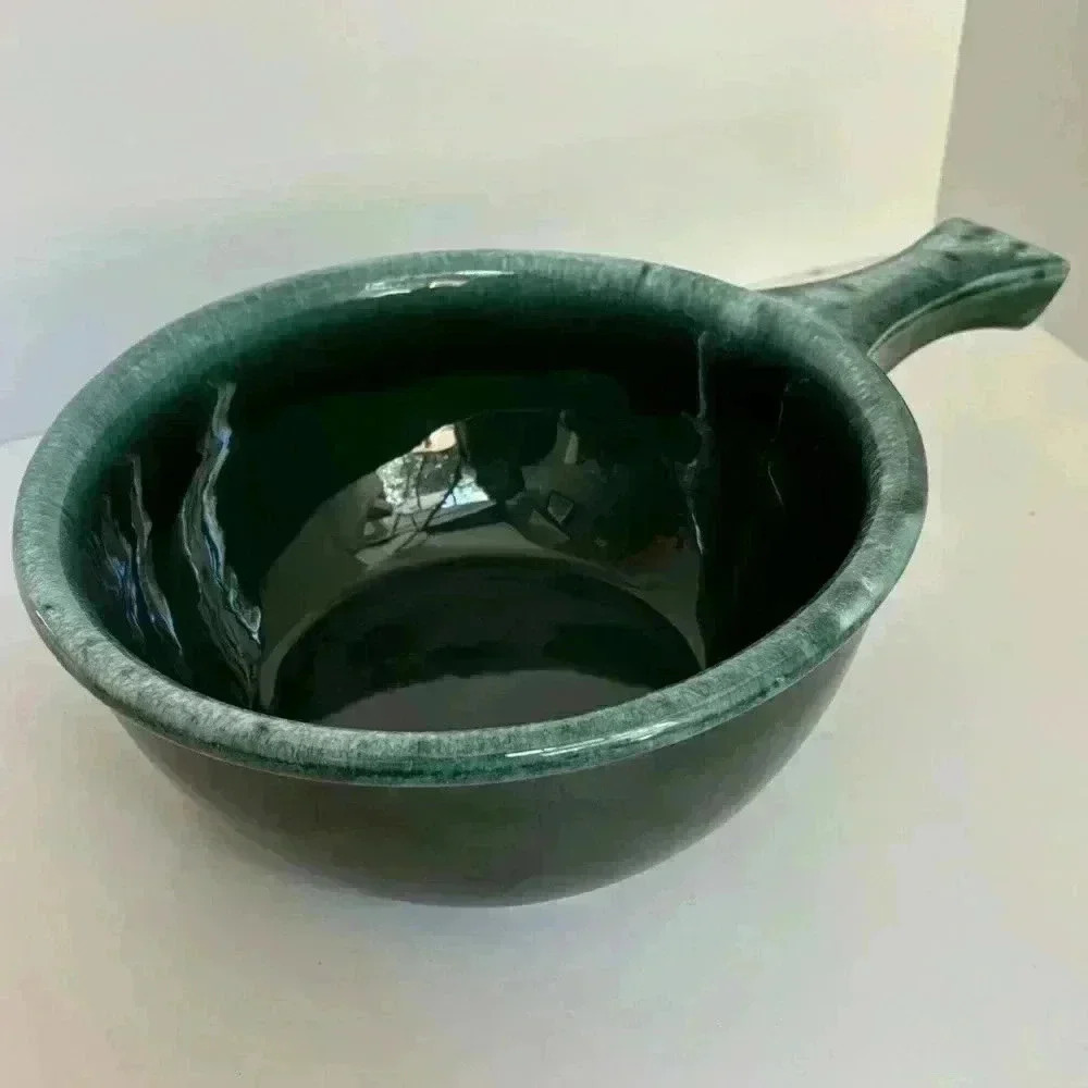 Vintage Oven  Proof made in the USA teal ceramic drip glaze dish with handle